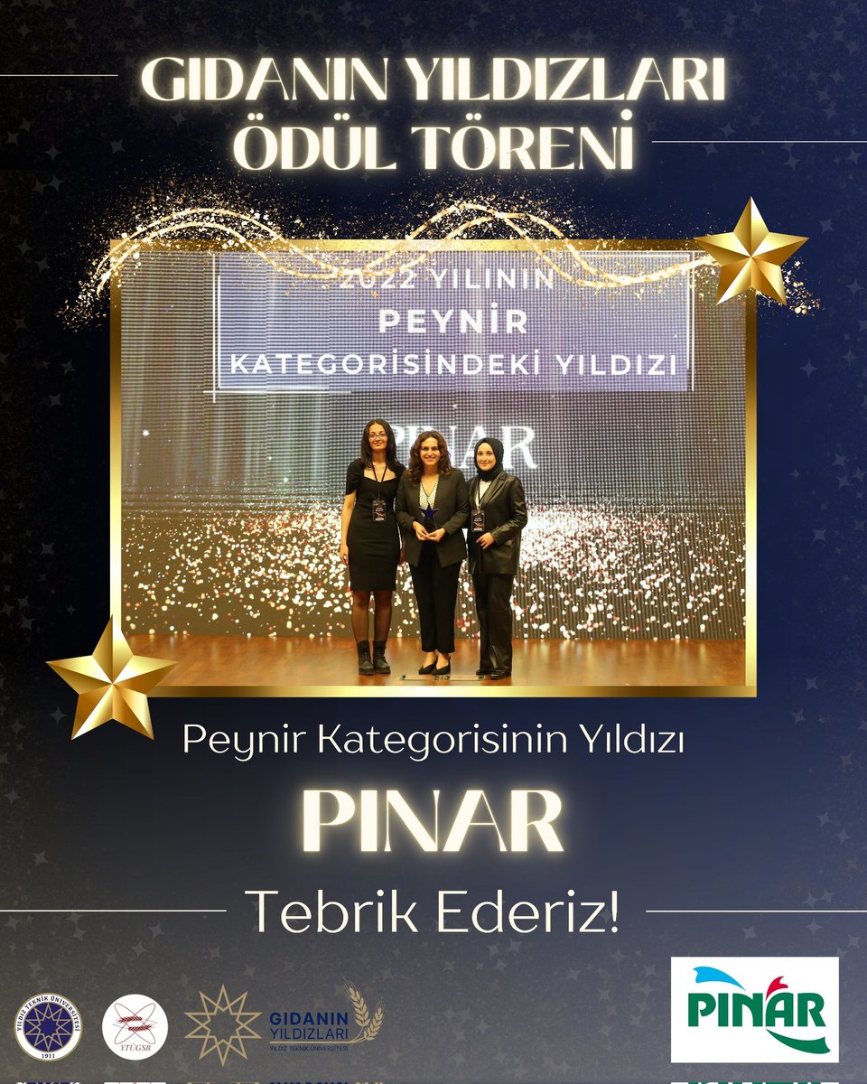 Yıldız Teknik Üniversitesi Gıda ve Sağlıklı Beslenme Kulübü'nün bu yıl ilkini gerçekleştirdiği Gıdanın Yıldızları Ödül Töreninde;
Peynir Kategorisi Yıldızı ⭐PINAR⭐
.
#gidaninyildizlariödültöreni #gidaninyildizlari #karbonnötrödül #sürdürülebilirlik #pınar