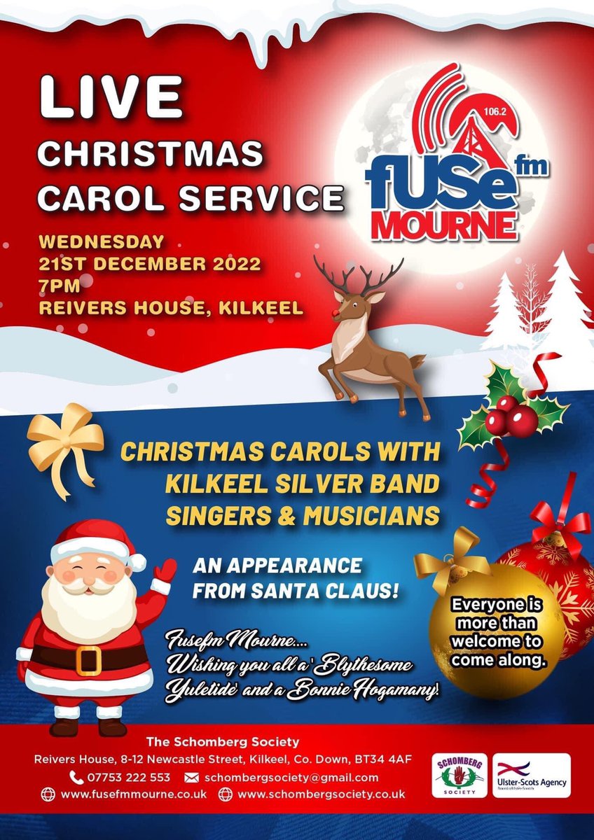 SchombergSoc's tweet photo. We’re looking forward to our Fusefm Mourne Christmas Carol Service tomorrow night at 7pm in Reivers House.
The evening will include carols with Kilkeel Silver Band, Singers & Musicians.
Everyone is more than welcome to come along.
#Fusefm #Mourne #106.2fm https://t.co/SDhyfTeXZ4