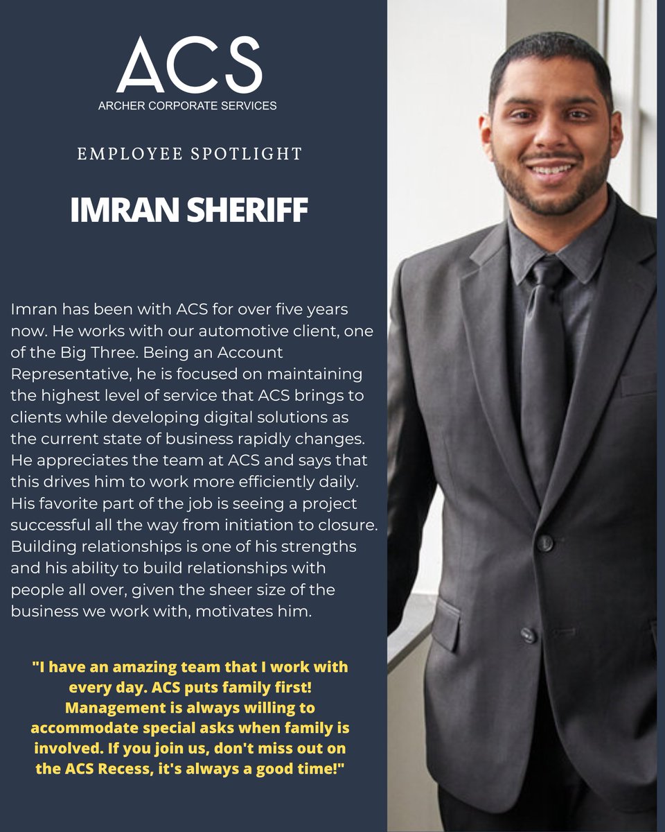 ourACSadvantage's tweet photo. What makes working at ACS - Archer Corporate Services so fulfilling? Hear it from Imran - our dedicated Account Representative!

#employeespotlight #theacsadvantage #celebratingpeople #marketing #lifeatacs #talent #b2b #hiring #michigan #team #blackowned #blackownedbusiness https://t.co/IxfB2bJ79p
