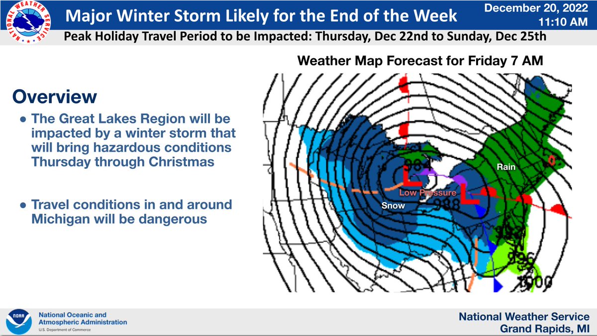 NWSGrandRapids's tweet photo. ⚠️ Increasing Potential for a Major Winter Storm Thursday through Sunday: Hazardous travel conditions Thursday Night to Sunday, most dangerous conditions Friday to Friday Night. Power outages possible. Slower recovery possible due to winds, snow, &amp; cold temperatures. #wmiwx #miwx https://t.co/kmqKZtC5OY