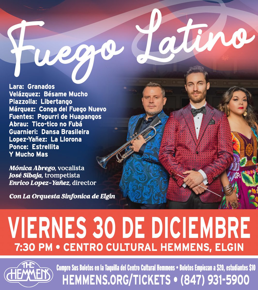 El concierto mas esperado que lo llevara a disfutar la musica de america latina.

Compre sus boletos en las taquillas del auditorio hemmens.
hemm.na.ticketsearch.com/sales/saleseve…
847-931-5900