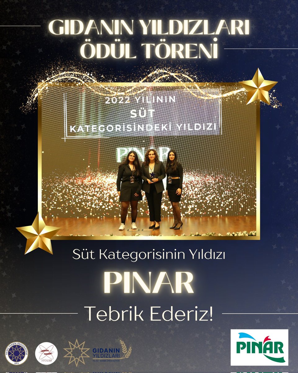 Yıldız Teknik Üniversitesi Gıda ve Sağlıklı Beslenme Kulübü'nün bu yıl ilkini gerçekleştirdiği Gıdanın Yıldızları Ödül Töreninde;
Süt Kategorisi Yıldızı 
⭐PINAR⭐
.
#gidaninyildizlariödültöreni #gidaninyildizlari #karbonnötrödül #sürdürülebilirlik #pınar