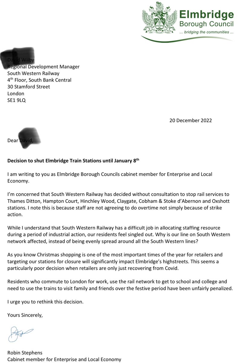 Today I wrote to South Western Railway in my capacity as Portfolio Holder for Enterprise and Local Economy asking them to reconsider their decision to not run rail services from Elmbridge stations until the beginning of January.