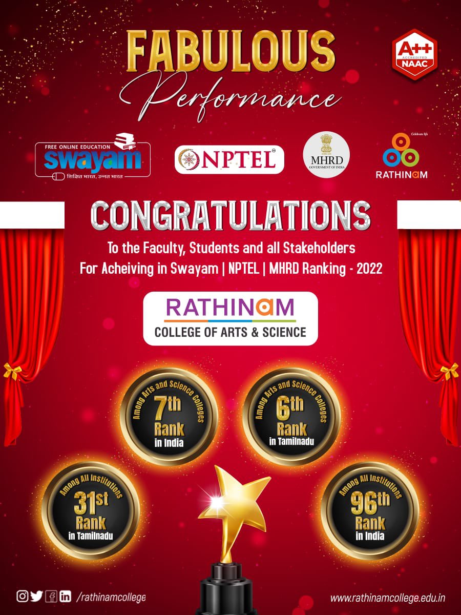 Manickam_reach's tweet photo. Rathinam College done a fabulous achievement in the SWAYAM, NPTEL and MHRD Ranking 2022. 

31st Among all Institutions in Tamilnadu.
96th Rank Among All Institutions in India. 

Congratulations to faculty, students and all the stakeholders
#ugc #AICTE #MHRD #moe https://t.co/ByOX1MECSO
