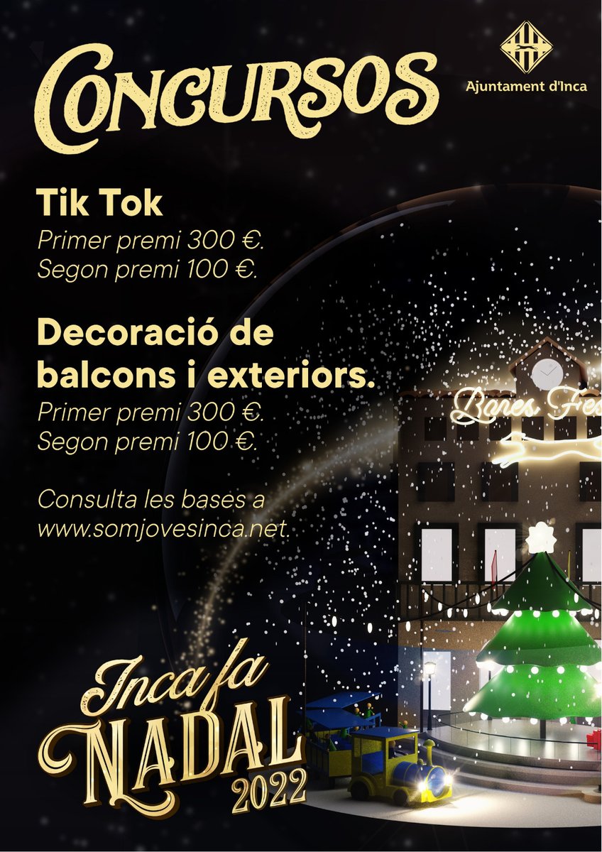 CasalJovesInca's tweet photo. Si t'agrada el Nadal, pots guanyar un bon premi!🤩
Tornen els concursos de:
🔶️ Tiktok🎅
🔶️ Decoració de balcons i façanes.🎄
I a més, enguany amb premis en metàl·lic!💰
Consultau les bases a la web https://t.co/fX9FeNyvPm
#somjovesinca #IncaFaNadal #Incaparticipa https://t.co/pUwK3j4syc