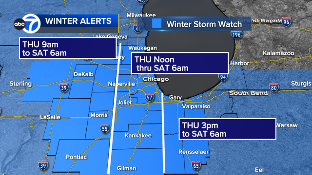 TracyButlerABC7's tweet photo. UPDATE!  WINTER STORM WATCH onset times have been moved up.  Storm impacts to begin sooner on Thursday.  Snowfall amounts continue to change.  Right now looks like 4-8" totals, BUT PLEASE REMEMBER the MAIN HAZARD with this storm is the WIND + cold. Poor visibility, too. https://t.co/amor4n7BAe