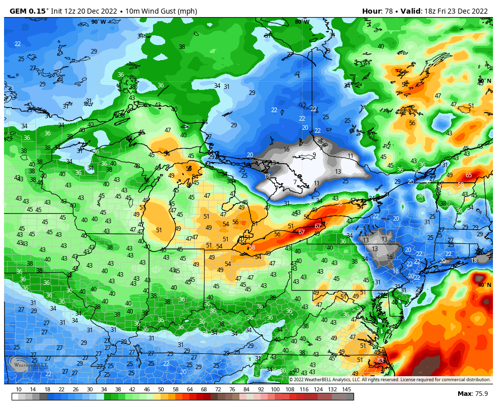 The GEM is still bringing the pain as well. Especially along the northern shores of Lake Erie and Lake Ontario. Power outage prep is a good idea for the #Detroit area and SW Ontario. #ONstorm