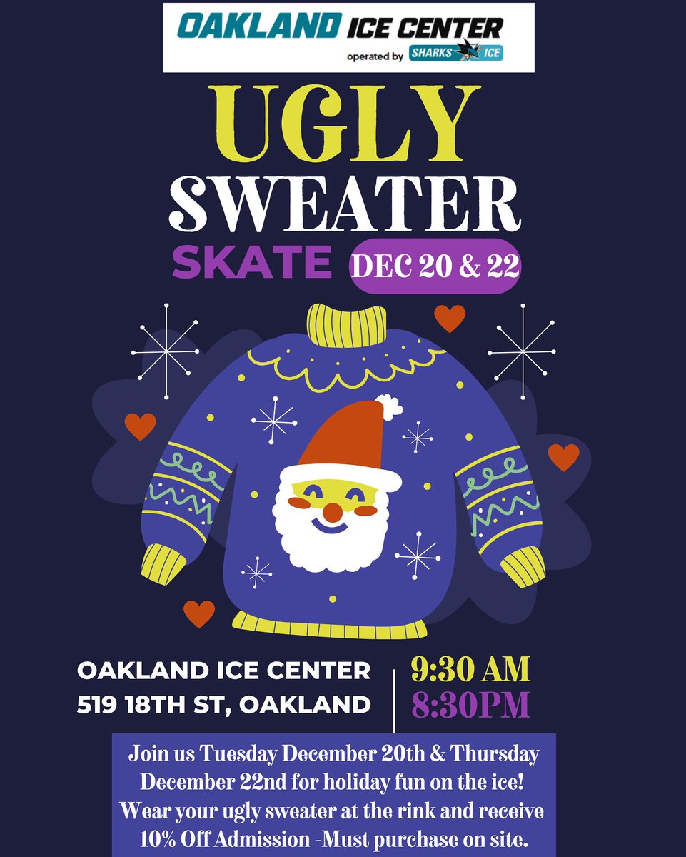 Get in the holiday spirit and join us for our Ugly Sweater Skates today December 20th &amp; Thursday December 22nd 🎄❄️ Receive 10% Off Holiday Ice Admission when you wear an Ugly Sweater - Must purchase on site. ⛸️Happy Holidays!