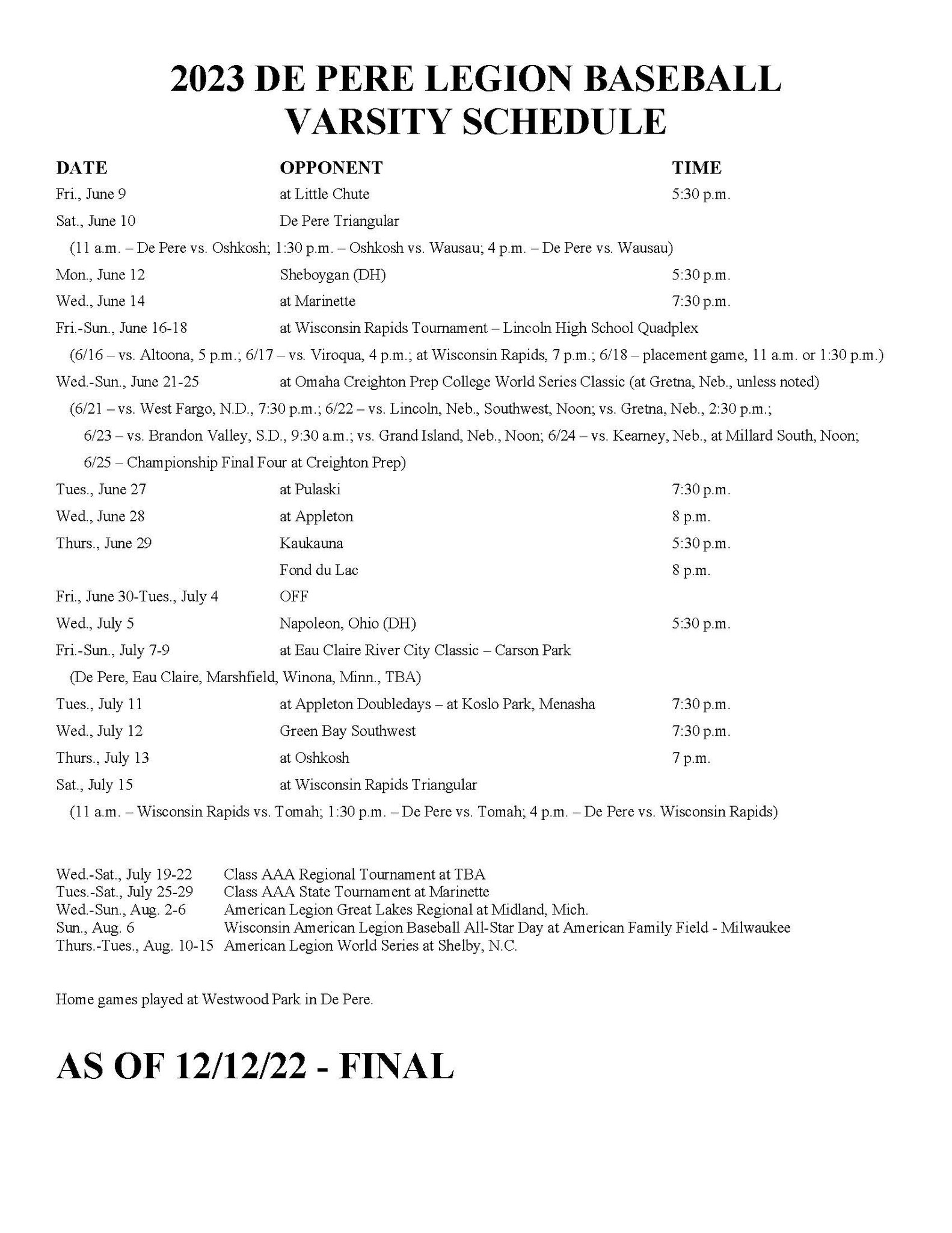 De Pere Legion Baseball on Twitter "The 2025 schedule for De Pere