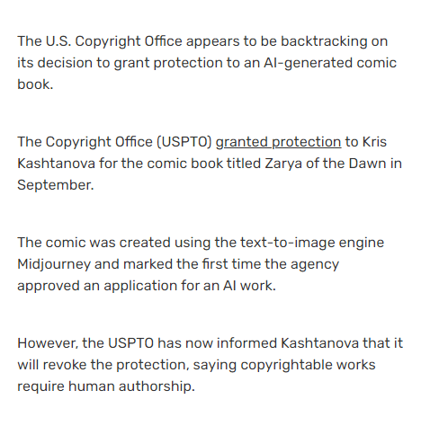 today I woke up to the lovely news that an AI-generated comic lost its copyright protection because the USPTO determined that 'copyrightable works require human authorship.' 

great step in the right direction 👌