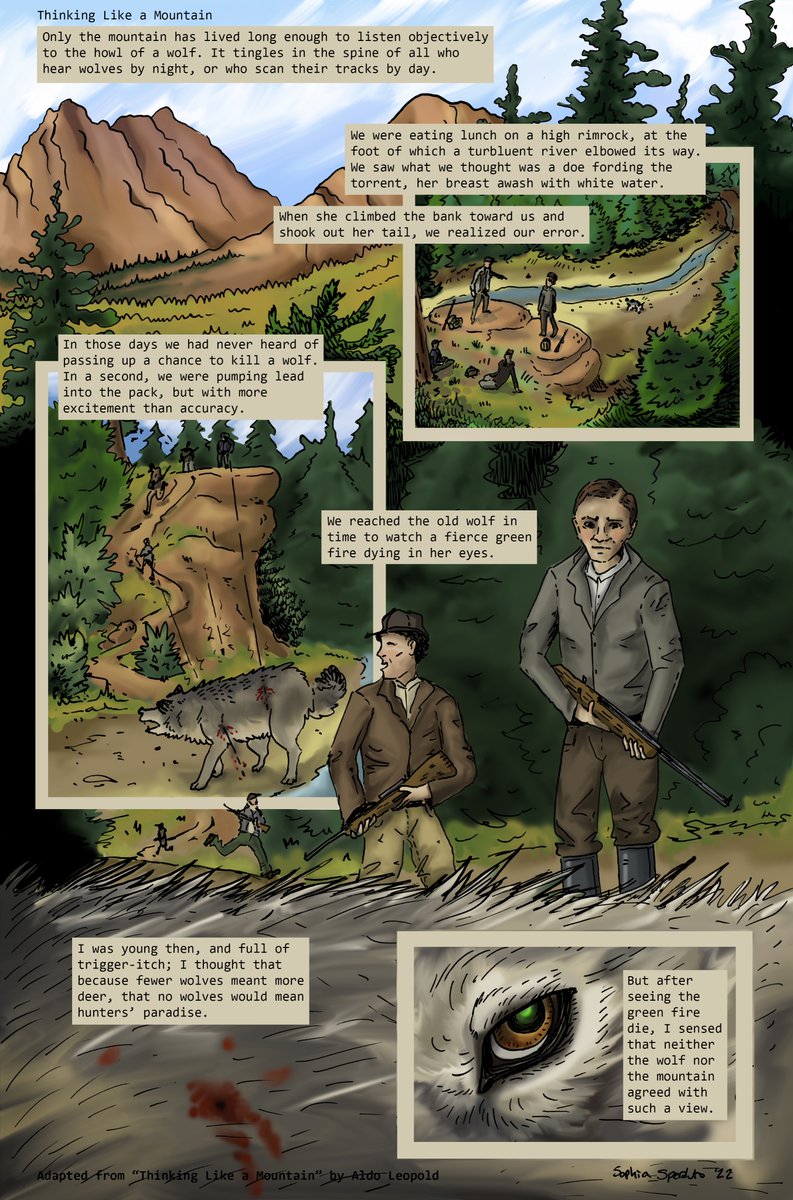 sophiasperd's tweet photo. Adaptation of Aldo Leopold's "Thinking Like a Mountain" piece for my final illustration class project. 

Lines drawn by hand, scanned and colored digitally.

#conservation #AldoLeopold #thinkinglikeamountain https://t.co/yToQQbUImh