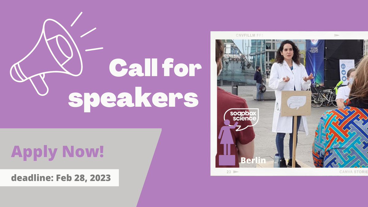 Call for Speakers for <a href="/SoapboxScience/">Soapbox Science</a> #Berlin '23 is OPEN 🚨
 
Do you work in #STEM? Eager to talk to the public about your #research in a fun, informal setting? If so, then we need YOU! 

Find out more about #SoapboxScience &amp; how to apply:
berlinsoapboxscience.wordpress.com/2022/12/20/cal…
