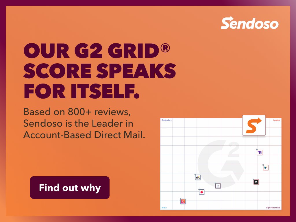 🏆 Sendoso is the leader of the pack when it comes to Account-Based Direct Mail. 

👀 Download the report to see why we beat the competition: ow.ly/wKmM50M8CGP

#g2leader #abm #directmail