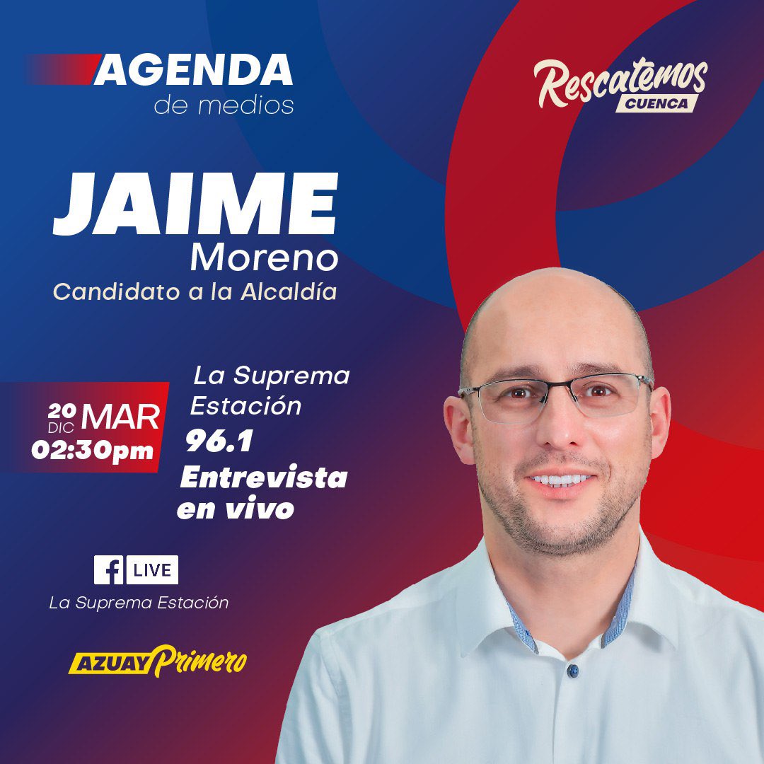 JaimeMoreno_M's tweet photo. 📌 Nos vemos hoy a través de la señal de @LaSuprema961. Tendremos una entrevista #EnVivo, desde las 02:30pm.
¡No te lo pierdas!
Conversáremos sobre los proyectos para nuestra #CuencaEc.
#RescatemosCuenca 💙❤️ https://t.co/oz8XGDCs7r
