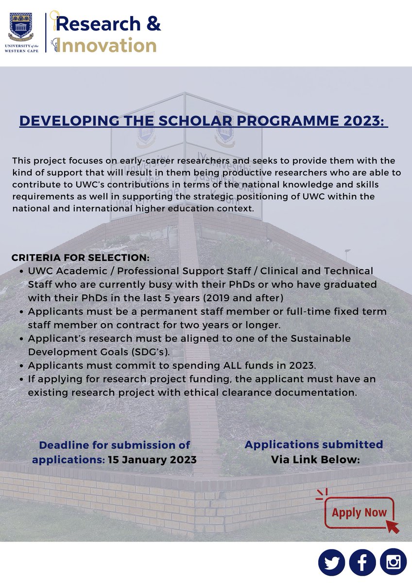 UwcResearch's tweet photo. [CALL] The Office of the DVC: Research and Innovation calls for applications in the Developing the Scholar Programme. 

PROJECT 6 : https://t.co/4lWtio8o2m

PROJECT 7 : https://t.co/pX85Vn4Ej1

#makingresearchcount2022 
#ConnectingPossibilities 
#IamUWC https://t.co/NtQHivISTi