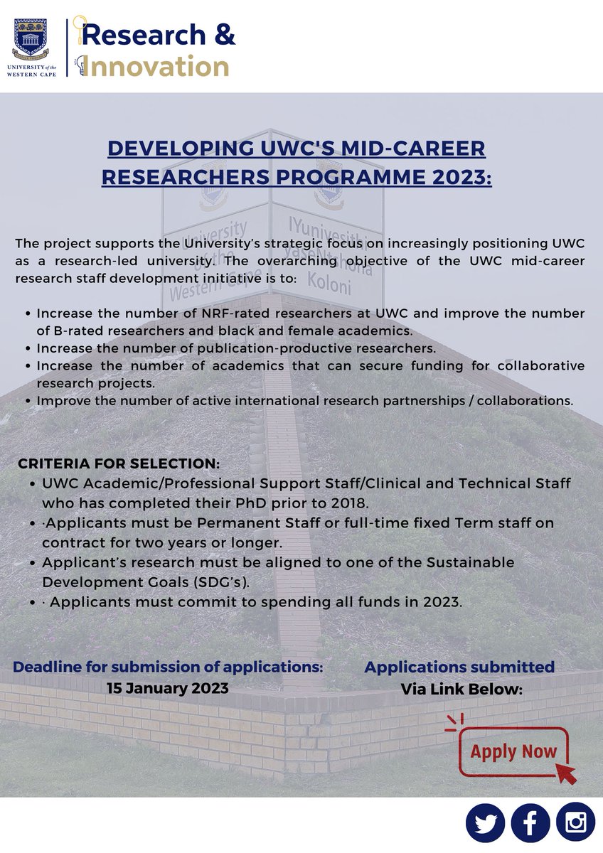 UwcResearch's tweet photo. [CALL] The Office of the DVC: Research and Innovation calls for applications in the Developing the Scholar Programme. 

PROJECT 6 : https://t.co/4lWtio8o2m

PROJECT 7 : https://t.co/pX85Vn4Ej1

#makingresearchcount2022 
#ConnectingPossibilities 
#IamUWC https://t.co/NtQHivISTi