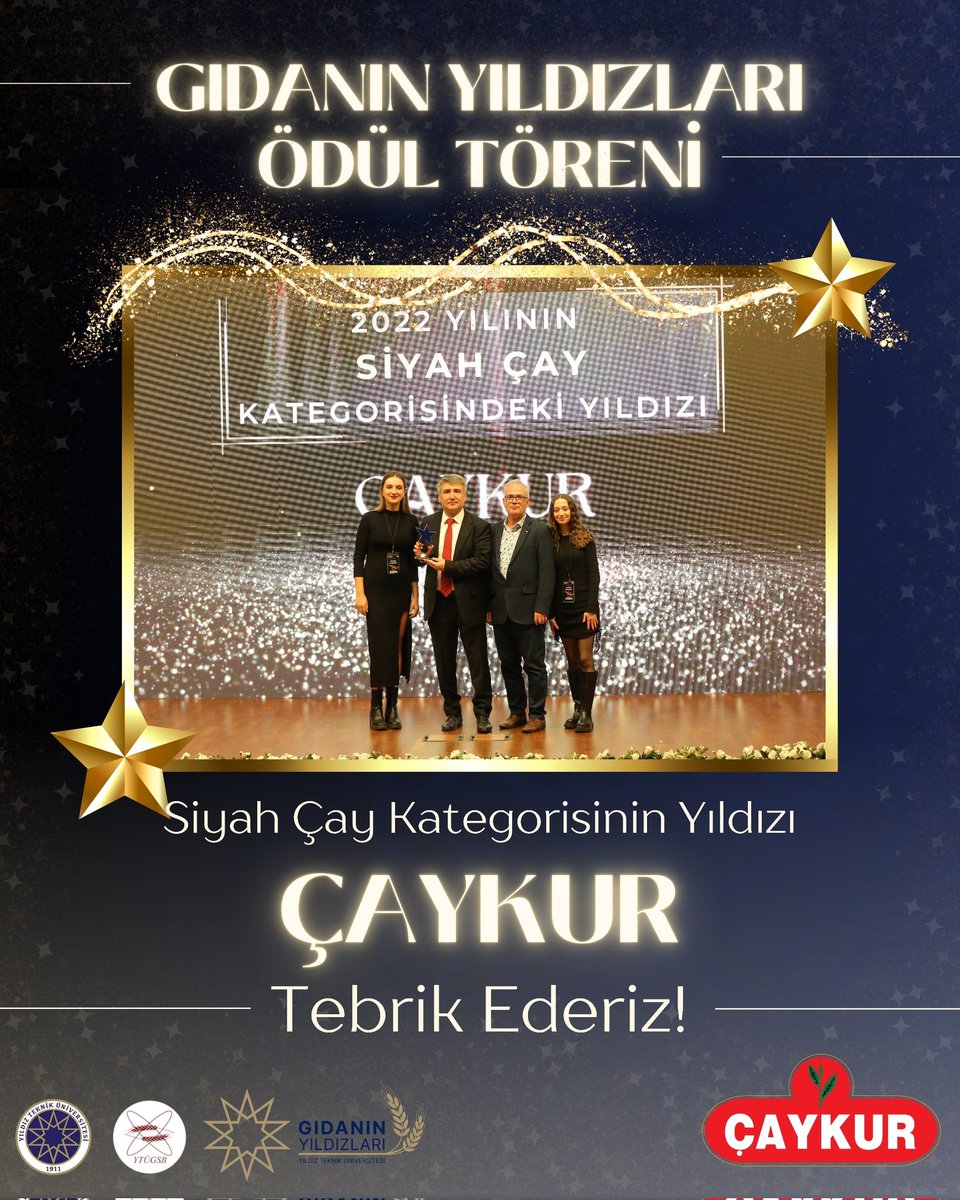 Yıldız Teknik Üniversitesi Gıda ve Sağlıklı Beslenme Kulübü'nün bu yıl ilkini gerçekleştirdiği Gıdanın Yıldızları Ödül Töreninde;
Siyah Çay Kategorisi Yıldızı 
⭐ÇAYKUR⭐
<a href="/TurkiyeninCayi/">ÇAYKUR</a>
.
#gidaninyildizlariödültöreni #gidaninyildizlari #karbonnötrödül #sürdürülebilirlik #çaykur