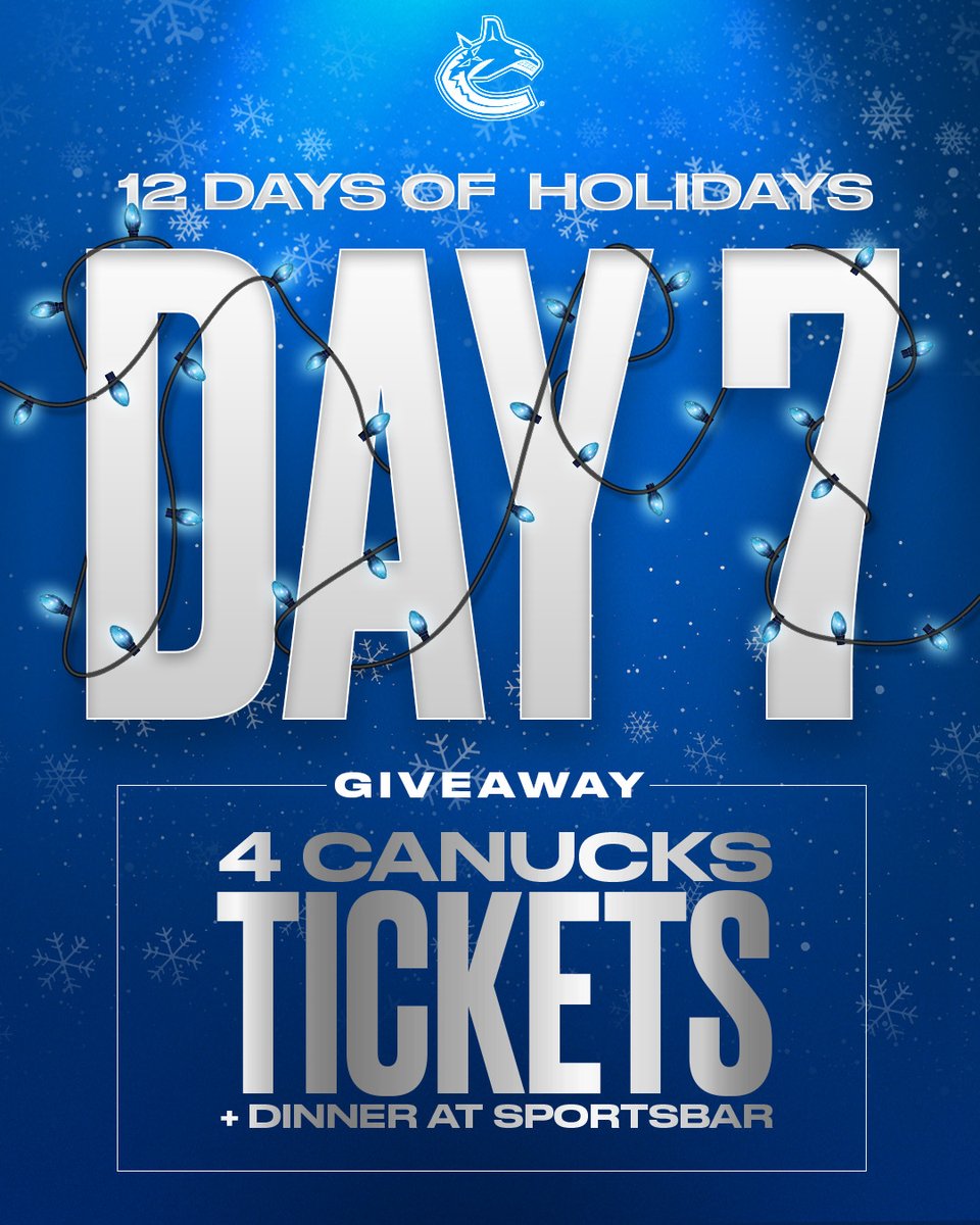 Canucks's tweet photo. Day 7 of #12DaysofHolidays π
Enter to win 4 tickets to the Jan 27 game and dinner for 4 at @thesportsbar_ra!
ENTER HERE | https://t.co/fXJChABkGG https://t.co/b0NyIckMaB