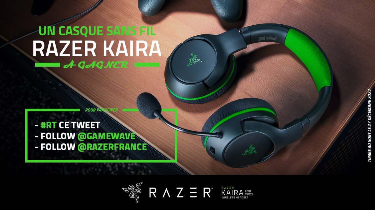 GAMEWAVE's tweet photo. #CONCOURS 🎁

Pour finir royalement cette année 2022, tente de remporter ce magnifique casque sans fil Razer Kaira ! 😍💚

Pour participer : 
- #RT ce tweet
- Follow @GAMEWAVE
- Follow @RazerFrance

📆 TAS le 27/12 

Bonne chance à tous ! 🍀 https://t.co/HQYYpDq46m