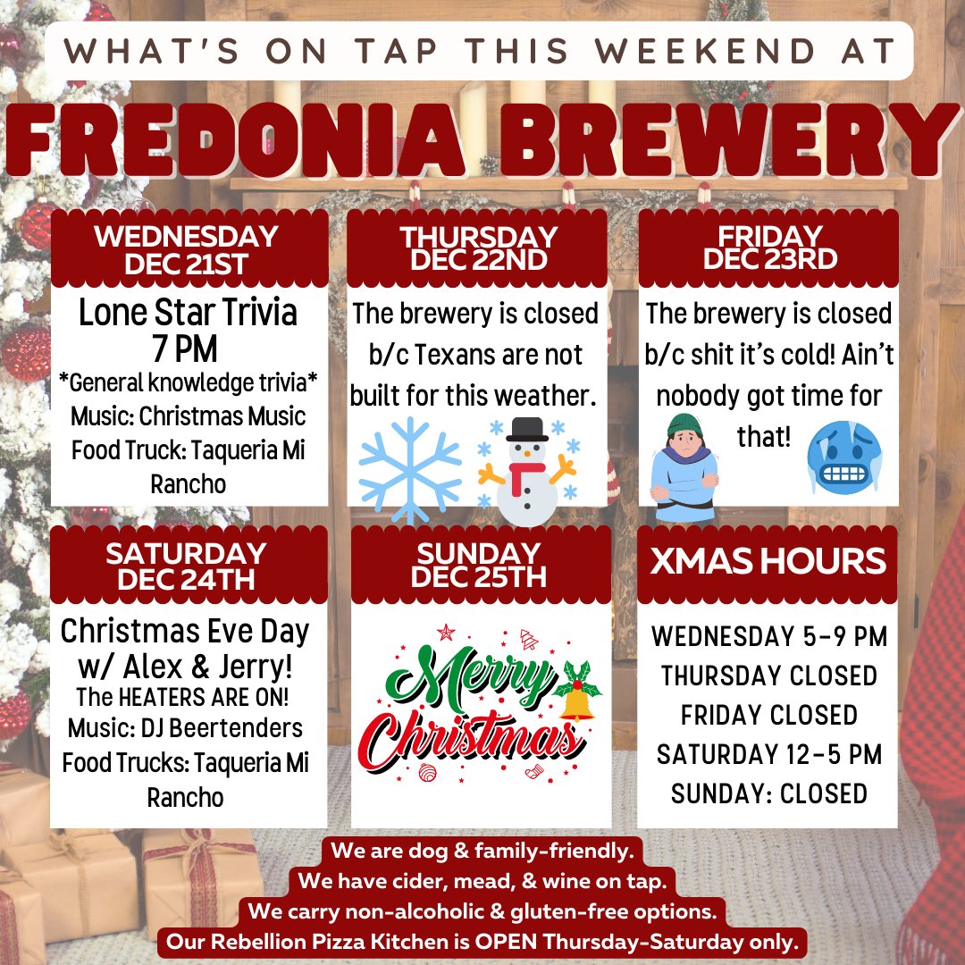 FredoniaBrewery's tweet image. Hibernation mode: On.
You only have TWO opportunities to come get your beer fix &amp;amp; any final local craft beer gifts before ole St. Nick squeezes his big phat axe down that chimney! 

#ColderThanAWitchesTit #UpToSnowGood #ChristmasTimeIsBeer 
#SupportLocal #DrinkLocalBeer