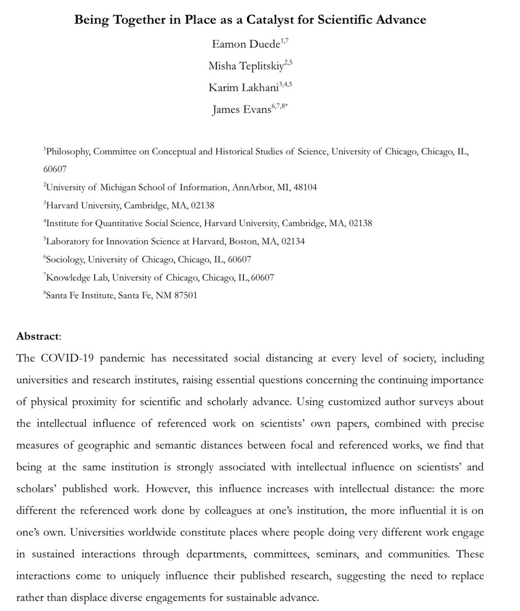 There is increasing evidence that having people together in the same place is a vital condition for the kinds of serendipitous interactions that lead to breakthrough innovation.

This paper finds that, while much can be done remotely, place still matters. arxiv.org/pdf/2107.04165…