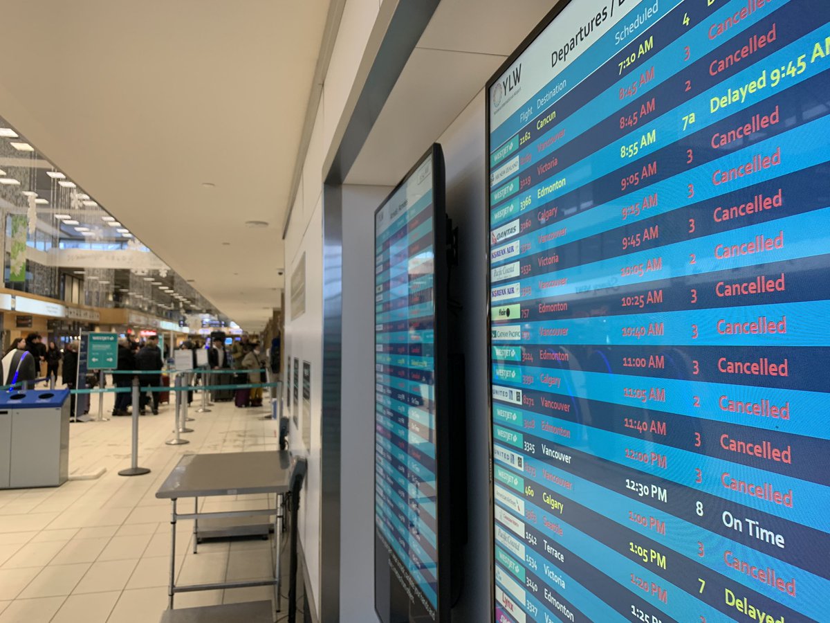 YLW says as of 9 am today 29 flights had been cancelled with visibility issues a major factor. It’s still snowing heavily in the Central Okanagan.