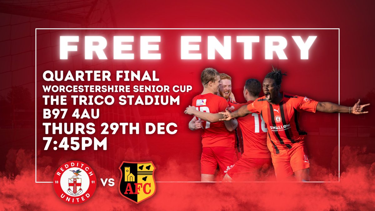 🤩 𝗙𝗥𝗘𝗘 𝗙𝗘𝗦𝗧𝗜𝗩𝗘 𝗙𝗢𝗢𝗧𝗕𝗔𝗟𝗟
✍️ Get it in your diary!
We've come together with <a href="/Alvechurch1st/">Alvechurch FC</a> to offer free football over the festive period.

🗓️ Thurs 29th Dec
⏰ 7:45pm kick off
🏟️ The Trico Stadium B97 4AU
🏆 Quarter Final of the Worcestershire Senior Cup
