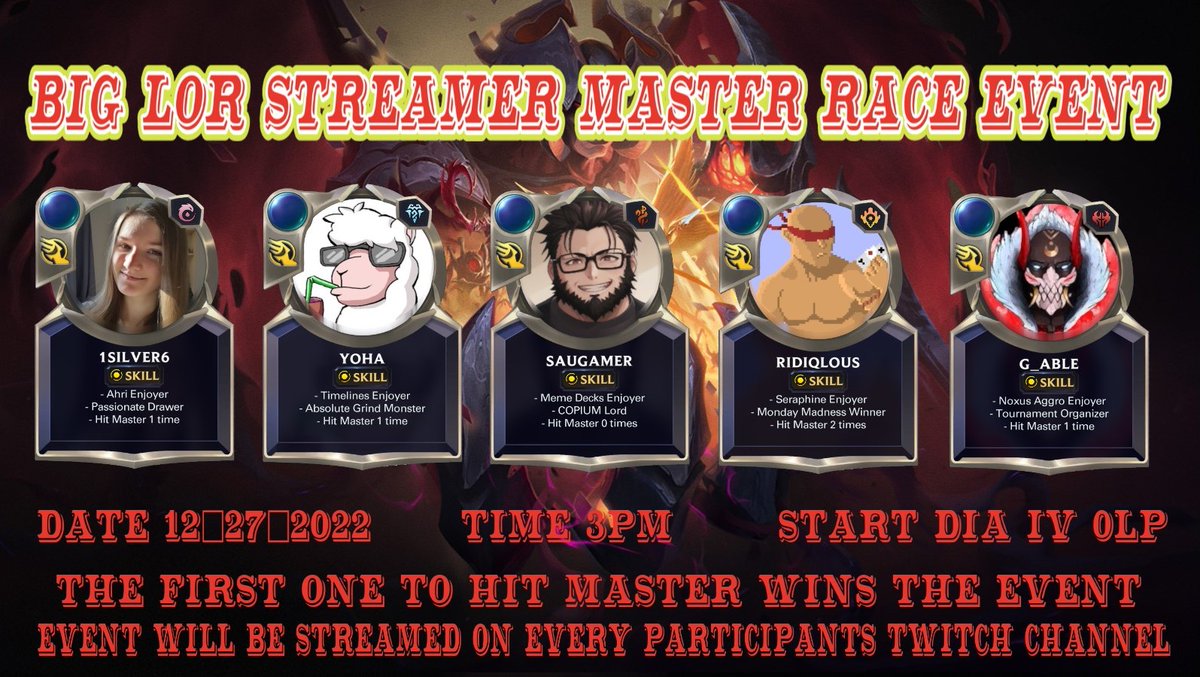 After the Christmas holidays we will do a Master Race Event with a lot of cool streamers and me of course! If you want to watch and cheer for anyone you can watch it on twitch bcs everyone of us will stream it ;)