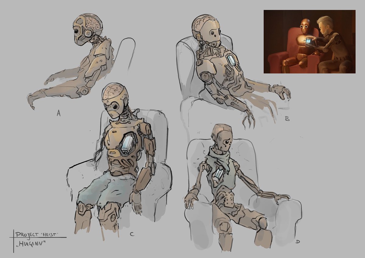 artificial3d's tweet image. Here are some very early sketches I did for the character of Huginn in our film CHARGE. 
Their name means „The Mind“ in Icelandic and was chosen because it is gender neutral. Concept scribbled in #Krita. Top right is a very early doodle I made for the first pitch deck.