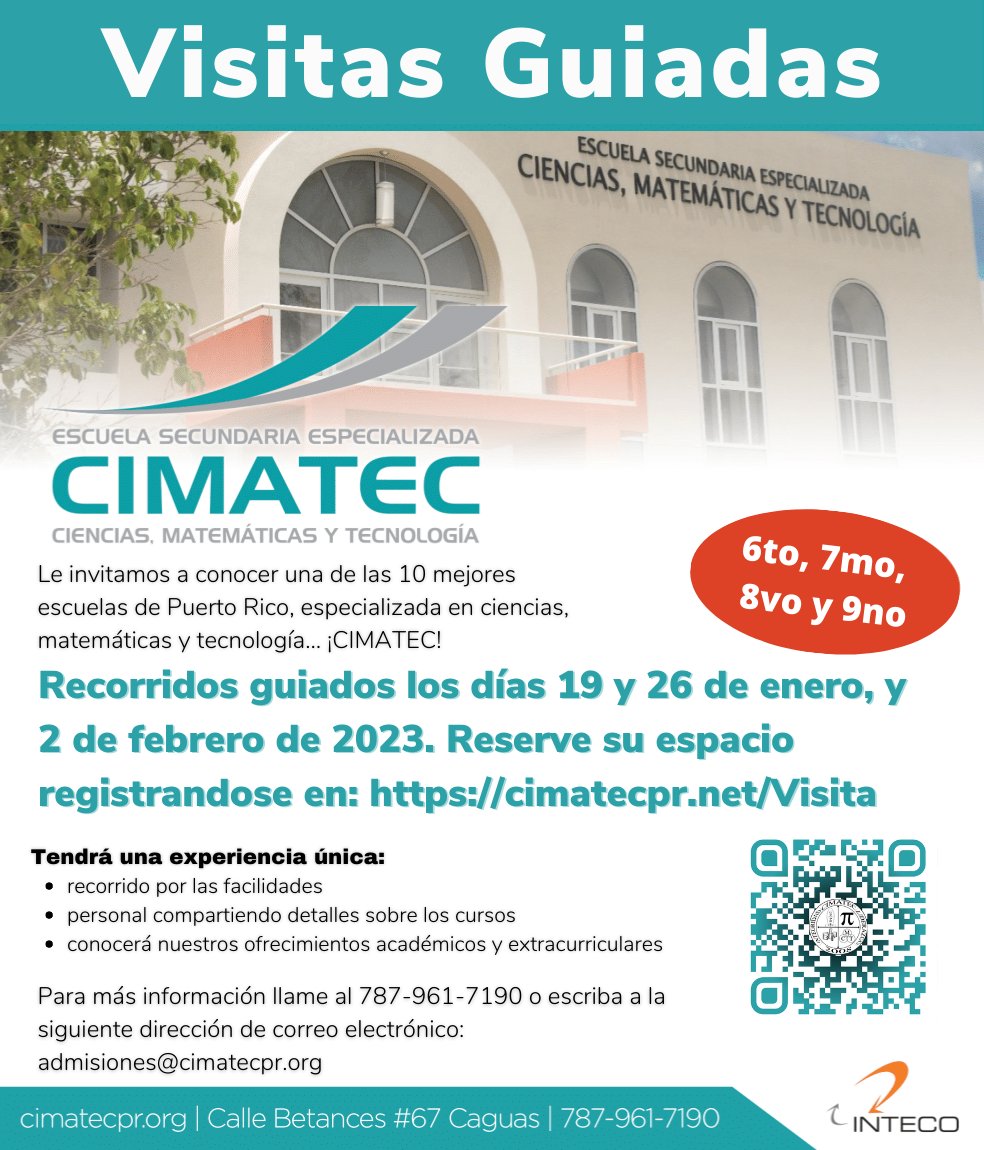 CIMATECPR's tweet photo. Tenemos nuevos espacios para las visitas guiadas a Cimatec los días 19 y 26 de enero y el 2 de febrero de 2023 en horario de 3:15pm a 4:00pm.

Reserve su espacio registrándose en:
https://t.co/BVgXYCxij7

*Pueden asistir hasta 3 personas por reservación. https://t.co/Q0LCB5xm5L