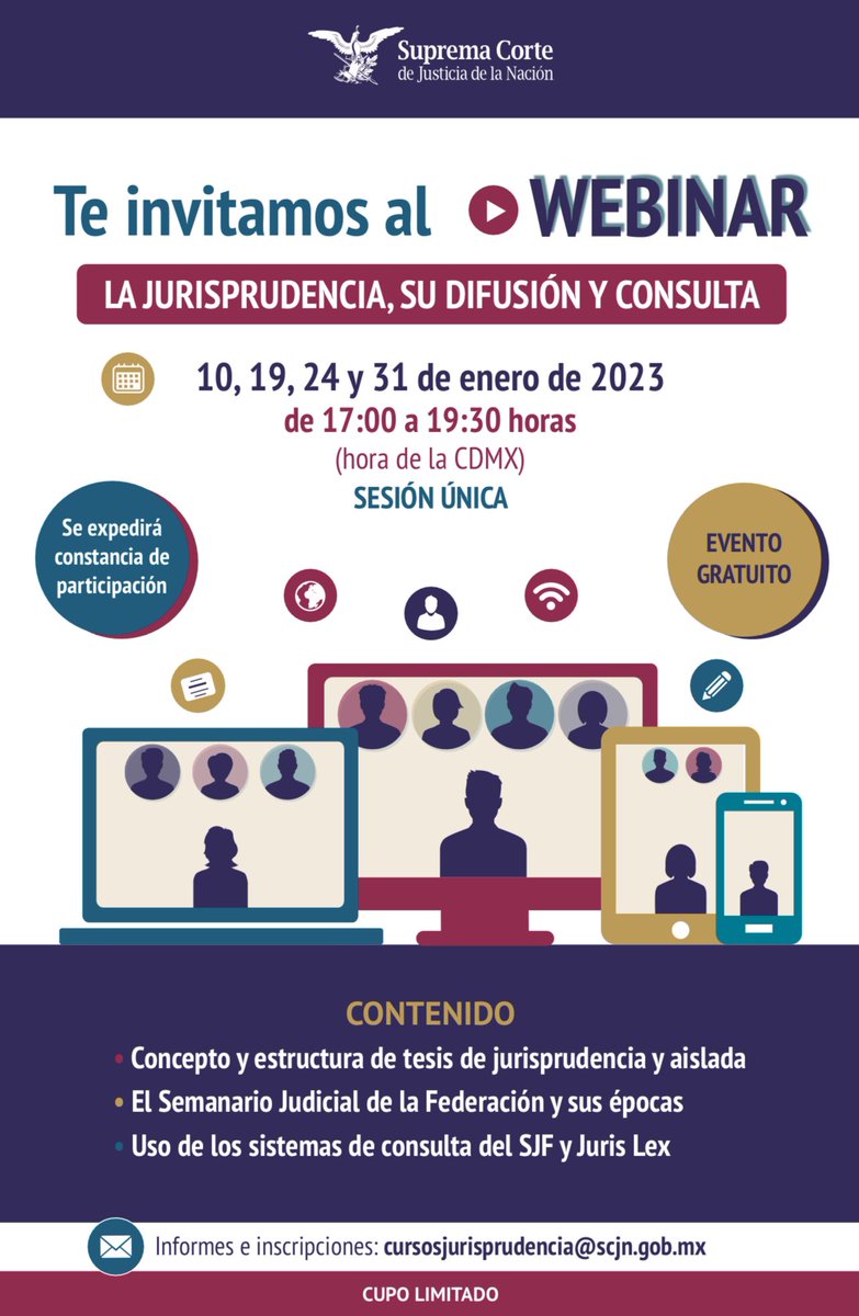 ¡Regístrate y participa en enero 2023!
La jurisprudencia, su difusión y consulta 

1⃣Elige una de las siguientes fechas: 10, 19, 24 o 31 
2⃣Envía un correo con tu nombre completo a cursosjurisprudencia@scjn.gob.mx 📩indicando la fecha en que tomarás el curso
#CapacítateConLaCorte