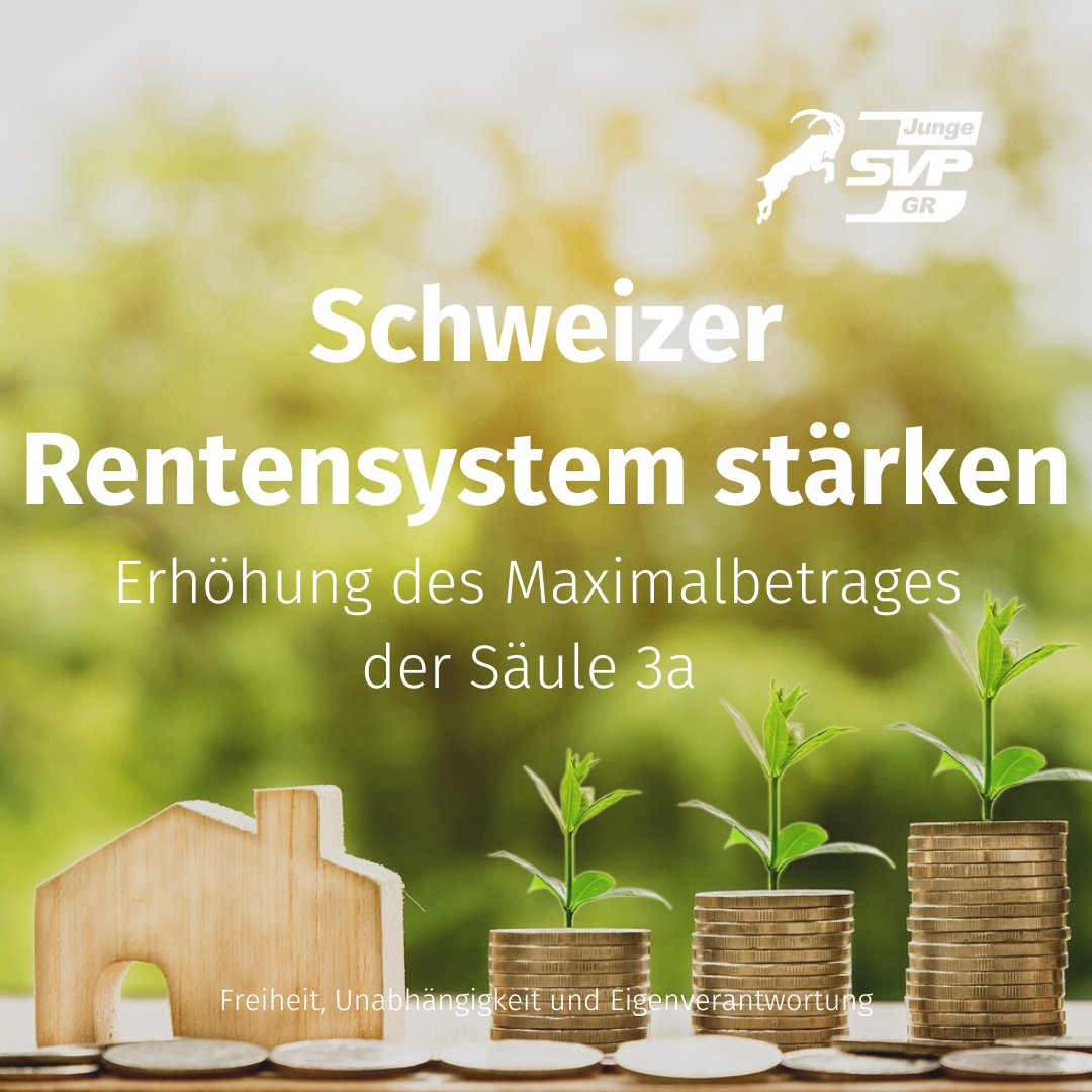 JSVP_GR's tweet photo. Für den Mittelstand ist es zur Zeit unmöglich, seinen gewohnten Lebensstandard nach der Pensionierung alleine durch die staatliche und berufliche Vorsorge weiterzuführen. Durch eine genannte Erhöhung könnte das Schweizer Rentensystem schlussendlich gestärkt werden. #Säule3a https://t.co/ZFBschT0PN