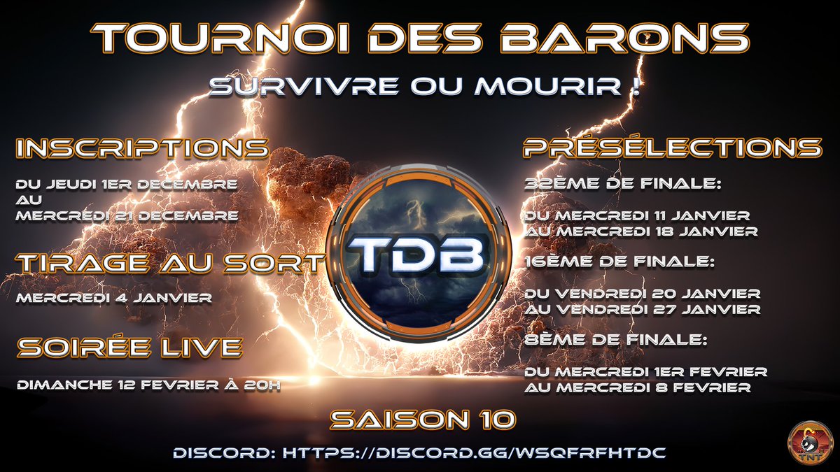 La 10ème saison du tournoi des barons va bientôt commencer. Il reste quelques places alors n’hésitez pas à nous rejoindre 🎉🎊🎉🎊🎉
Un rapide récapitulatif du tournoi ⬇️

Format :
5 vs 5 - Th15
Roster de 10 joueurs
5 min de prépa - 30 min de combat

discord.gg/vr7vGgJE5y