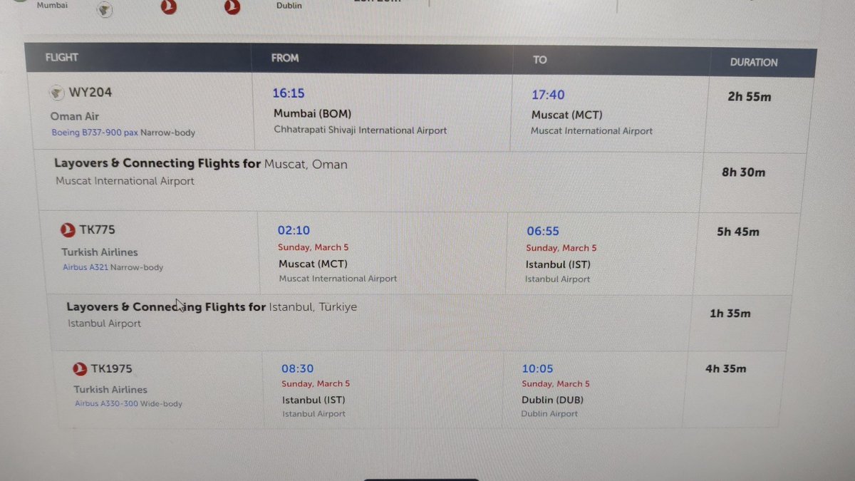 shah_p27's tweet photo. @TurkishAirlines does this itinerary under the same booking reference involve automatic transfer of luggage while changing from Oman Air to Turkish airline at Muscat while travelling from Mumbai to Dublin? https://t.co/fyyEsFSEvN