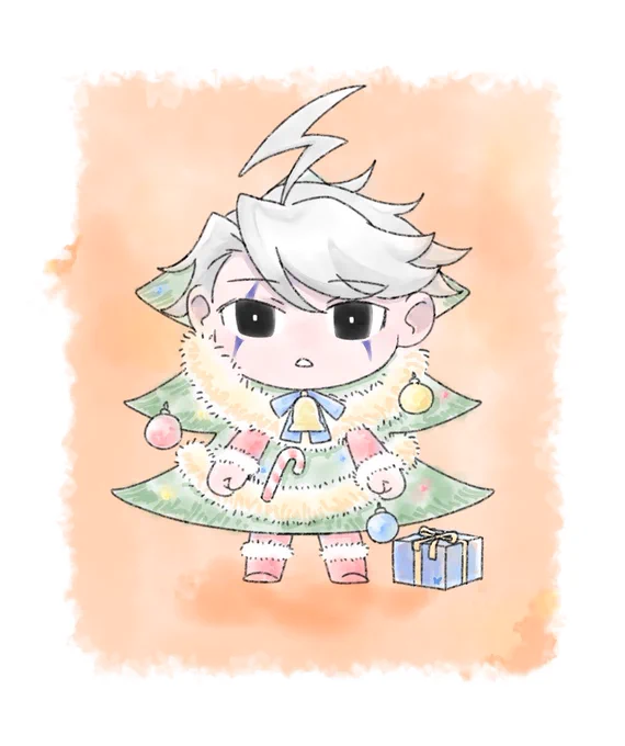 ツリーになった(させられた)モリくんデジタル水彩で塗ってみたら絵本の1ページみたいになった 