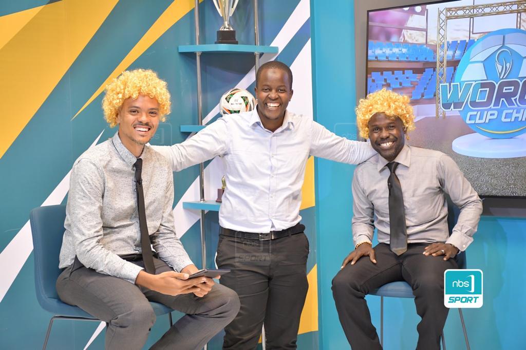 JohnVianneyNsim's tweet photo. The #WorldCupChat on @NBSportUg finally saw its curtain come down yesterday with what was an emotional (Ian dropped a 😢) final episode. But it was a lovely chatting about the @FIFAWorldCup history, which as seen in d pic, we mimicked Columbia's world cup hero, Valderrama. https://t.co/obKQvmiwWU