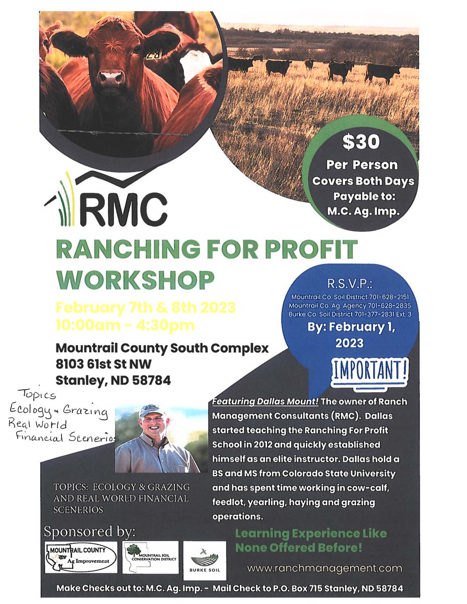 MouseRiverCDU's tweet photo. Mark your calendars!!! Two great opportunities for our local Ranchers in NW North Dakota!!!
#Ranchingforprofit #NorthDakota #Agriculture #NDAgriculture #AgLearning https://t.co/l6MkNQ8qtN