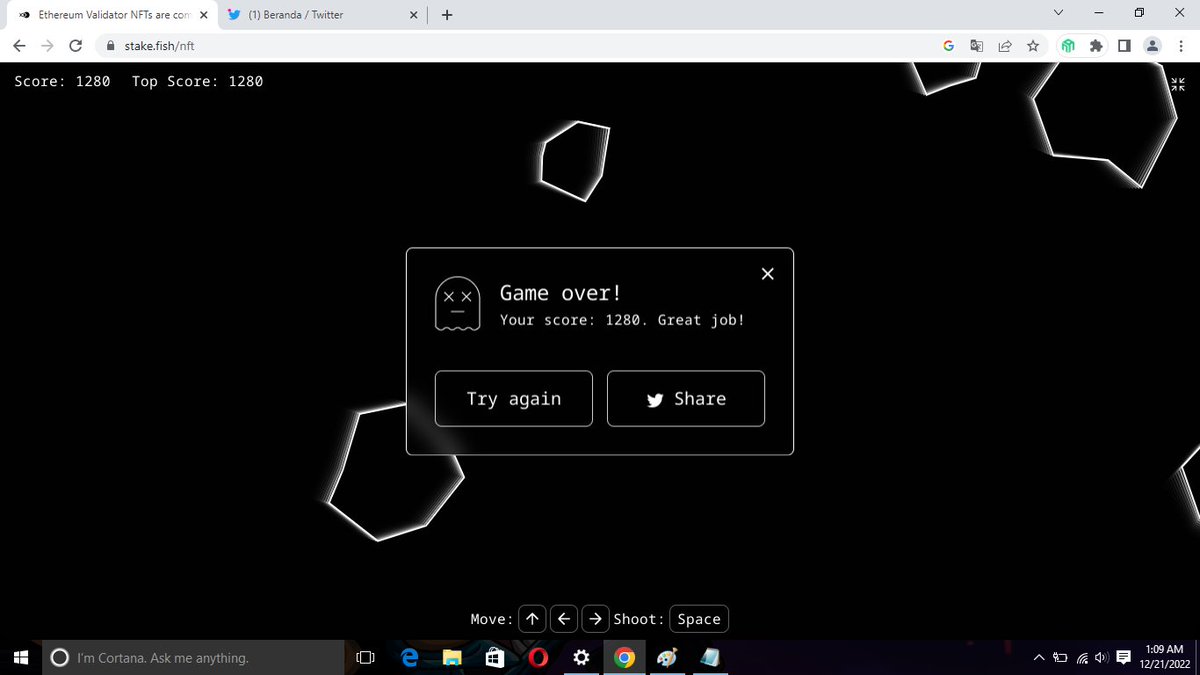 davsel29's tweet image. I scored 1280 on #stakefishNftAsteroid. Play it and have a chance to win ETH! #stakefish #ValidatorNFT stake.fish/nft