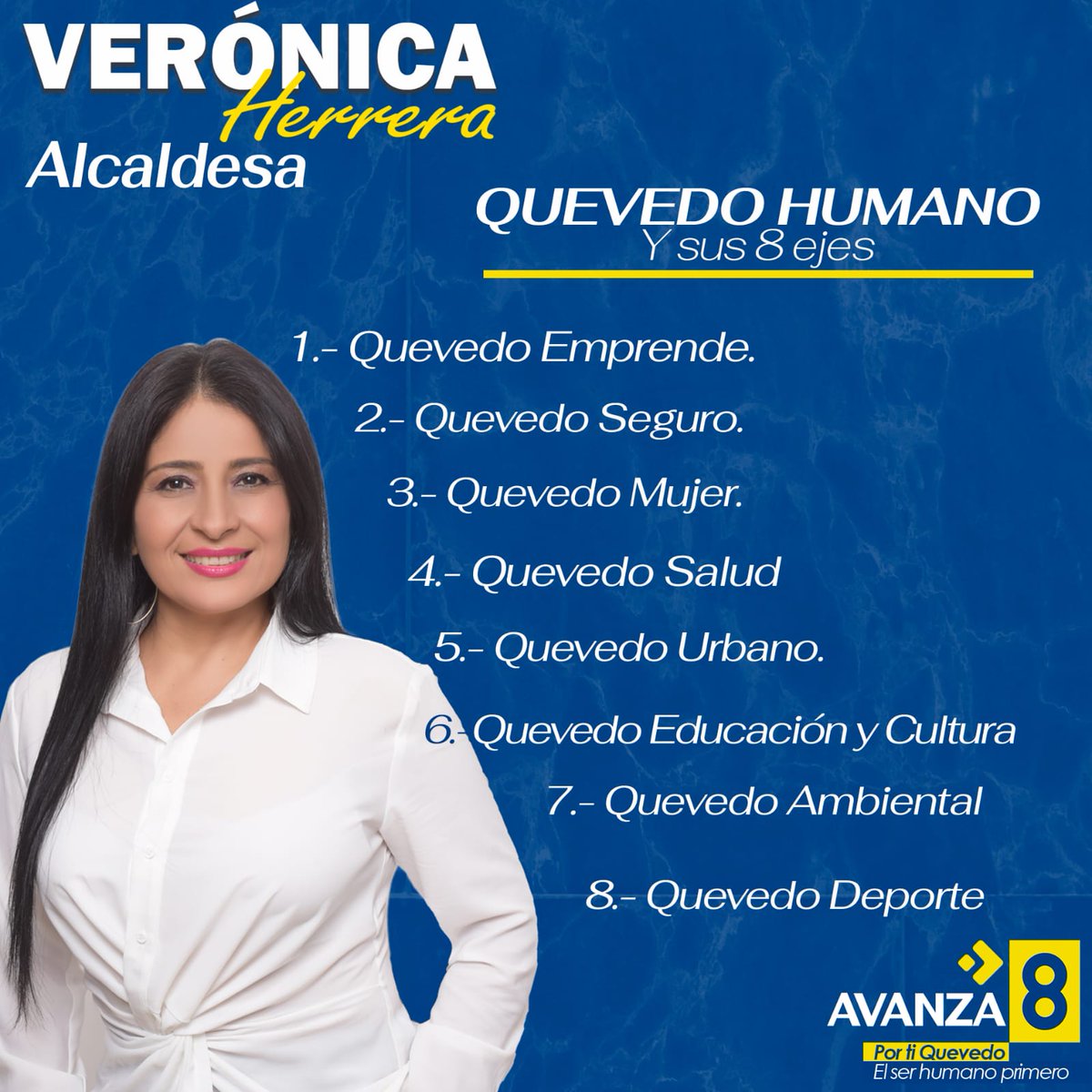 Veronica4494571's tweet photo. Les presento nuestros 8 ejes para avanzar en y con Quevedo!!!
Por ti Quevedo, el ser humano primero... 
Porque puedo y sé cómo  hacerlo.

#voto
#Quevedo
#VeronicaHerrera
#mujer https://t.co/7Yr0IjZlvs