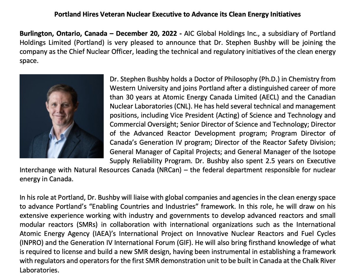 PortlandCounsel's tweet photo. We are pleased to share that AIC Global Holdings Inc., a subsidiary of Portland Holdings Limited (Portland), has appointed Dr. Stephen Bushby as Chief Nuclear Officer.  See announcement for details: https://t.co/awIGjPJXNc
#portlanddifference #lifesciences #wealthcreation https://t.co/zUFw4zXnSE