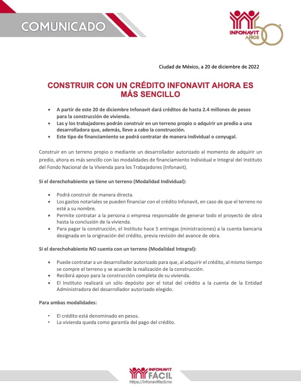 Infonavit's tweet photo. A partir de hoy, con tu Crédito Infonavit podrías obtener hasta 2.4 millones de pesos para que construyas tu vivienda, ya sea que cuentes con un terreno propio o adquieras un predio a una desarrolladora que, además, lleve a cabo la construcción. https://t.co/nXMqx1zXI2