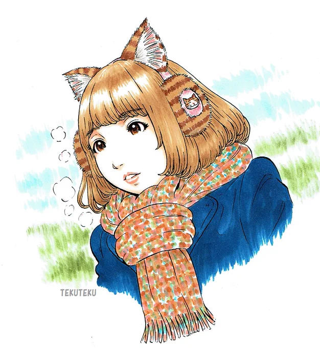 #猫耳 耳当て&amp;マフラー女子ほおの赤らみなしバージョン #illustration #オリジナルイラスト 耳当ての色を髪色に合わせたらたわしかコロッケみたいな感じでちとダサくなってしまったので(まあ猫グッズ好き女子なのでダサくても良いのだけど)白かピンク系の別色バージョンも描こうかな～ 