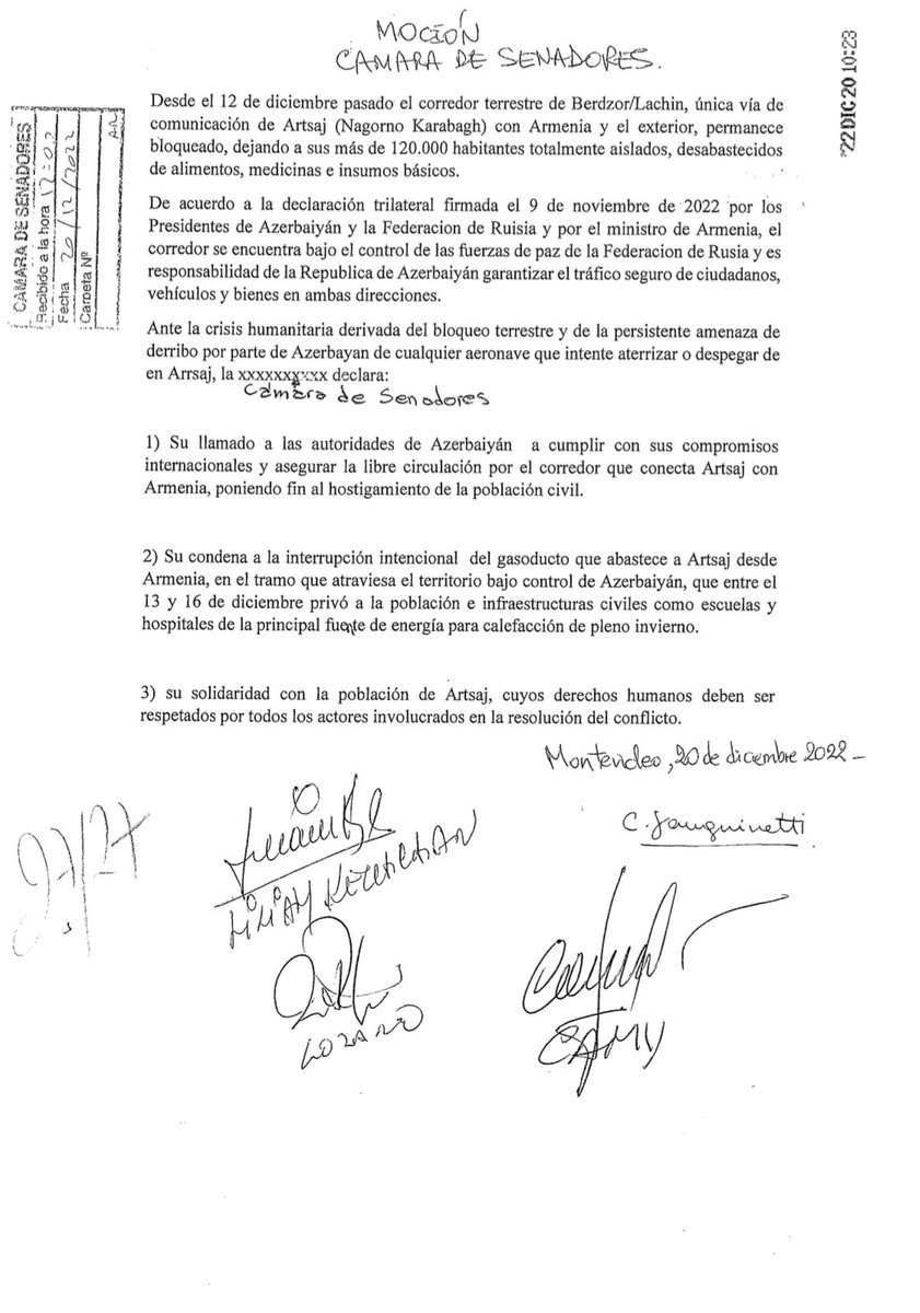 JoseSatdjian's tweet photo. Se votó en @SenadoUy por unanimidad declaración en respaldo a la población de Artsaj ante el bloqueo de la única vía de comunicación. https://t.co/nlzSPRzPdg