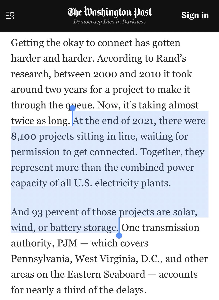 AlecStapp's tweet image. We have so many clean energy projects — solar/wind/batteries/etc — jammed up in the queue to connect to the grid.

Building more transmission lines would alleviate this bottleneck, but we need permitting reform to make that happen.