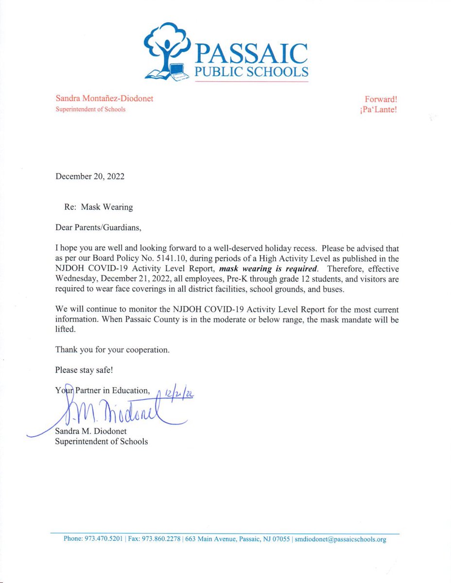 PassaicSchools's tweet photo. Please see an important message from our Superintendent of Schools. Effective tomorrow December 21, 2022, mask wearing is required across the district. https://t.co/3HfpbcO1jP