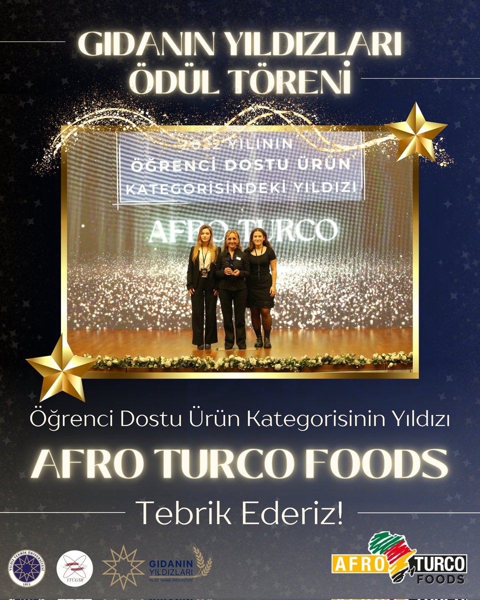 Yıldız Teknik Üniversitesi Gıda ve Sağlıklı Beslenme Kulübü'nün bu yıl ilkini gerçekleştirdiği Gıdanın Yıldızları Ödül Töreninde;
Öğrenci Dostu Ürün Kategorisi Yıldızı 
⭐AFRO TURCO FOODS⭐
<a href="/afroturcofoods/">Afro Turco Foods</a>
.
#gidaninyildizlariödültöreni #gidaninyildizlari #karbonnötrödül