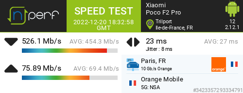 KoshoNSA's tweet photo. ↓526076 kb/s ↑75885 kb/s, ⇄ 23 ms / mobile:Orange Mobile / #PocoF2Pro / #nPerf v2.12.1 / https://t.co/UDicvqTGK2