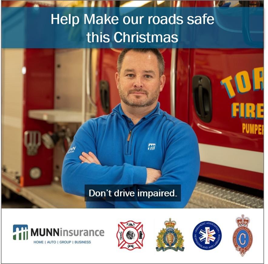 Impaired driving is a real problem & happens a lot this time of year. Munn Insurance is proud to partner with the @NLFireServices, @PANL_Paramedic, @RNC_PoliceNL & @RCMPNL to launch our new impaired driving campaign. Together we want to discourage impaired driving this holiday.