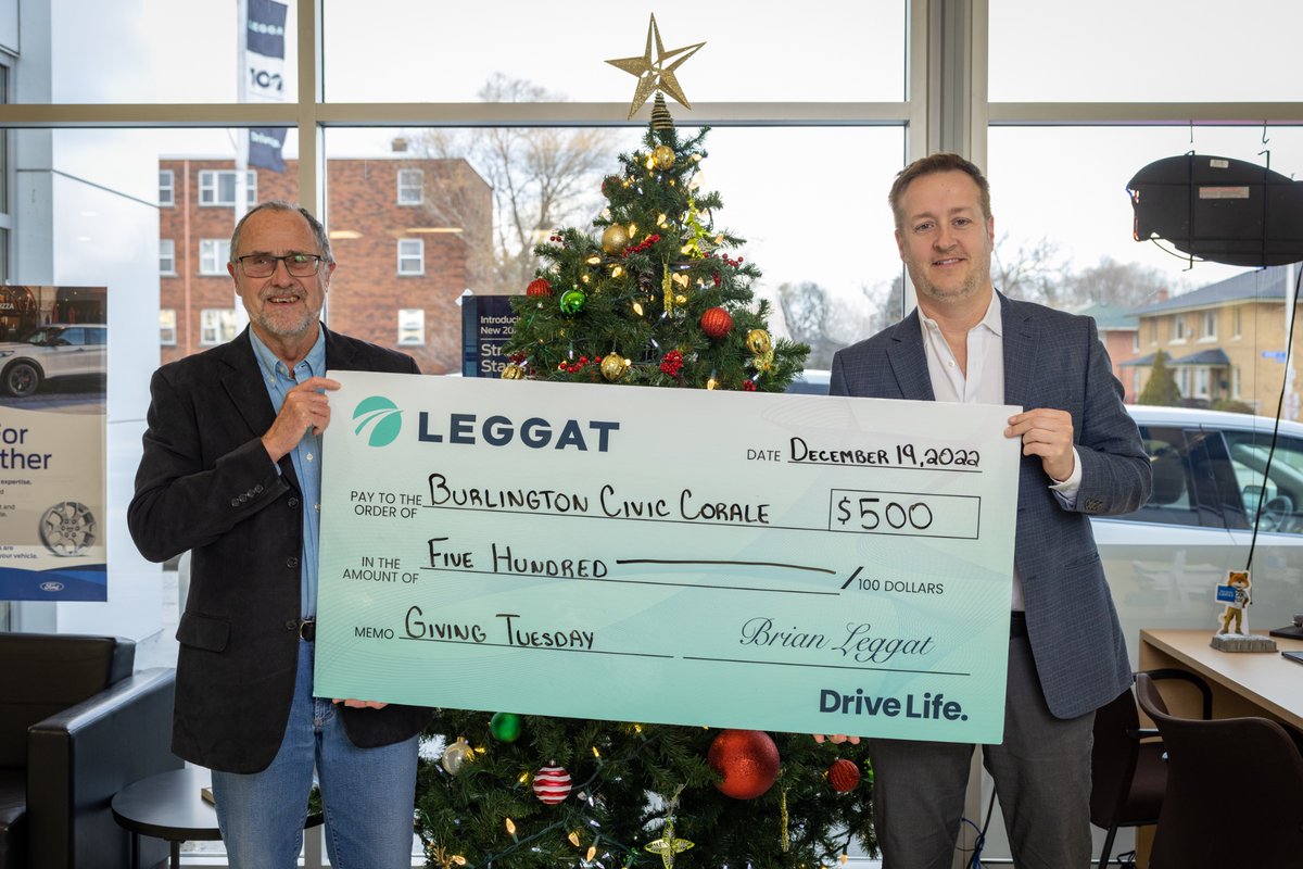 Congratulations <a href="/LeggatAutoGroup/">Leggat Auto Group</a> on your 100th anniversary! 

On behalf of the Burlington Civic Chorale, thank you for your generous donation which will enable us to continue to bring beautiful choral music to Burlington and surrounding communities. 

#BurlON #GivingTuesday