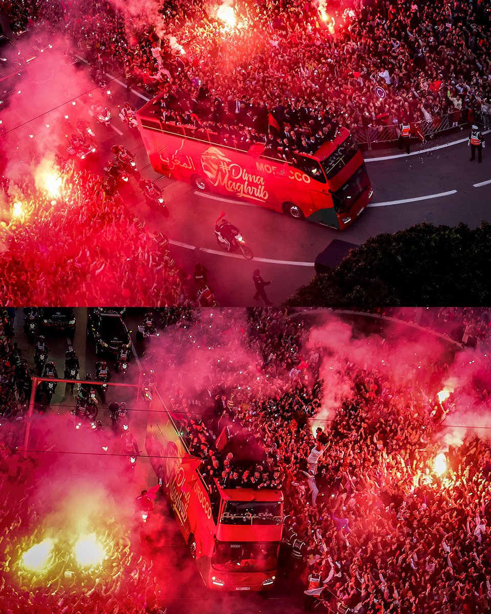 FOXSoccer's tweet image. Morocco receives a hero's welcome in Rabat after becoming the first African team to reach the Semifinals at a men's FIFA World Cup 🇲🇦🙌
